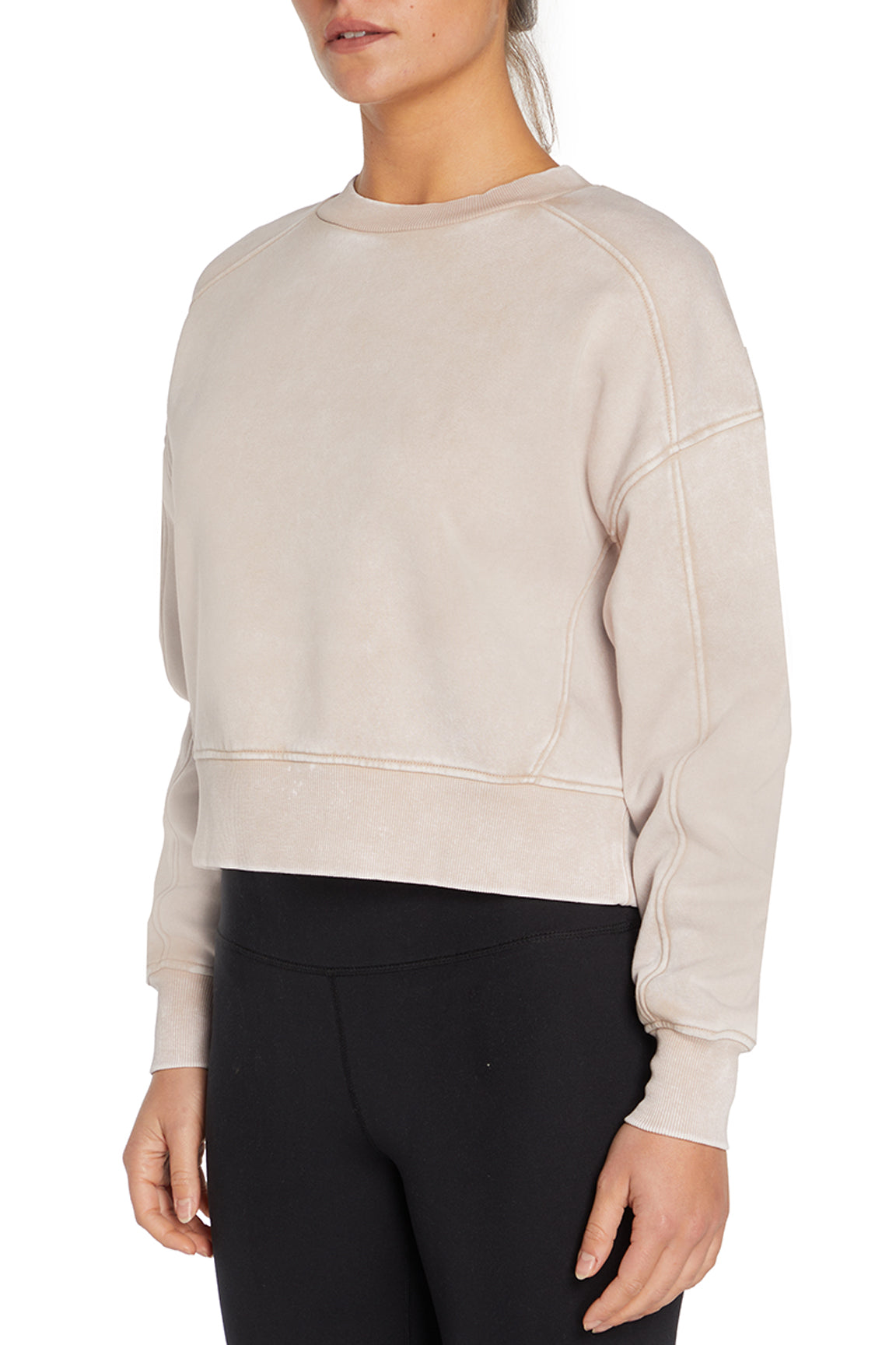 Balance Collection Max Sweatshirt, close-up view of fabric and stitching, showing visible design features and texture of the soft knit fabric..