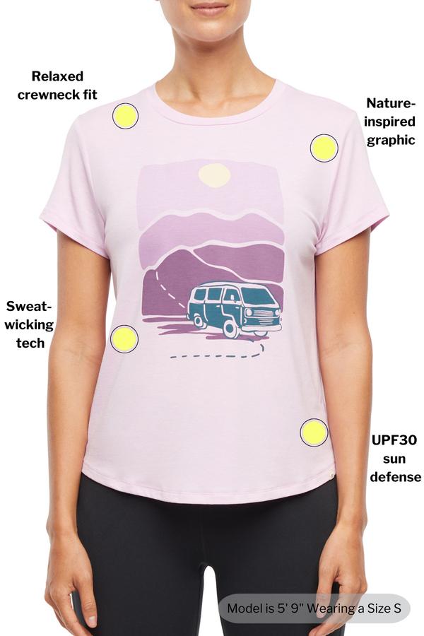 Monica Tee - Heather Orchid Bouquet, close-up view of fabric and stitching, showing visible design features and texture of the soft knit fabric..