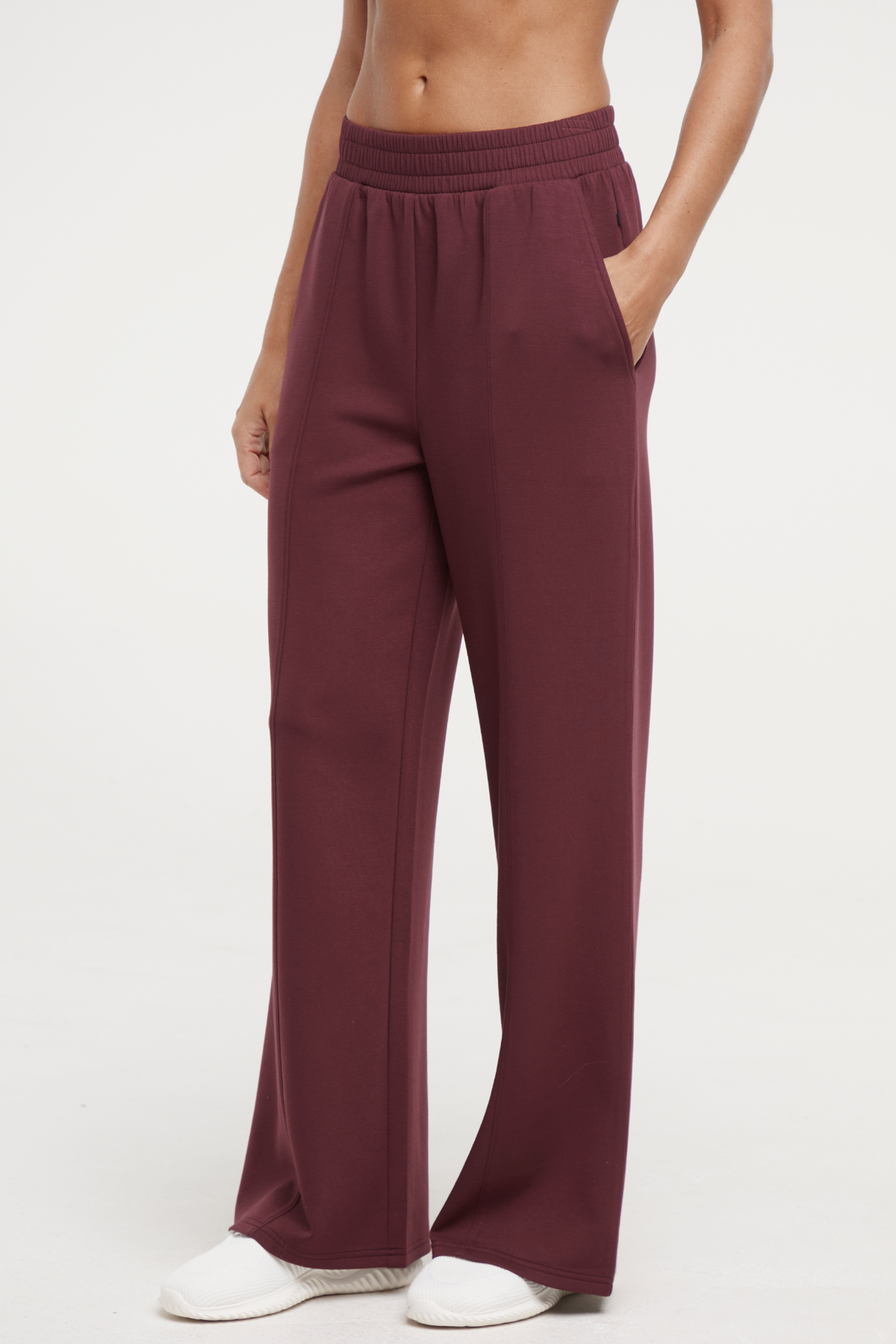 Sage Wide Leg Pant, front view, showing visible design features and texture of the durable stretch fabric..