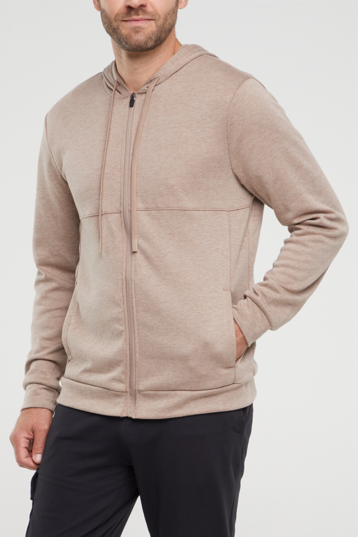 Balance Collection For Men Track Hoodie, front view, showing visible design features and texture of the soft fleece fabric..