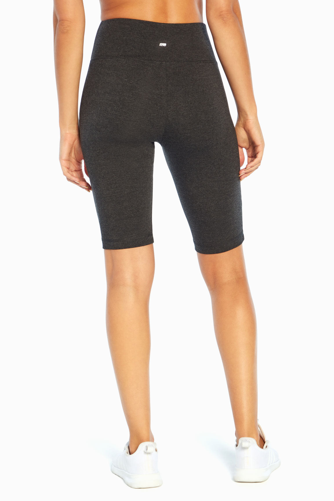 Becca Tummy Control Bermuda Shorts - Heather Charcoal, alternate angle view, showing visible design features and texture of the soft knit fabric..