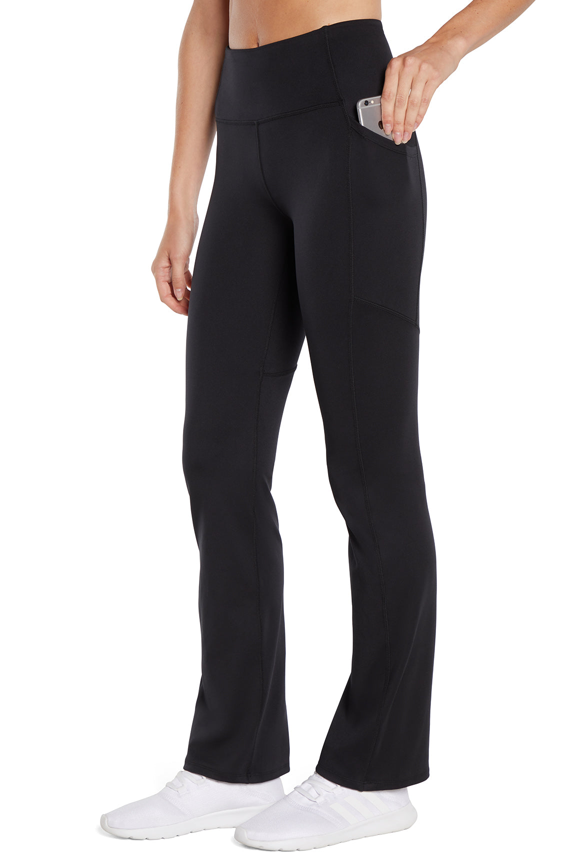 Della Pant - Black, front view, showing visible design features and texture of the durable stretch fabric..