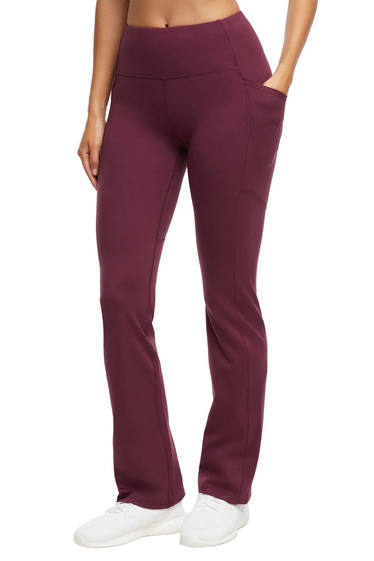 Della Pant - Fig, front view, showing visible design features and texture of the durable stretch fabric..