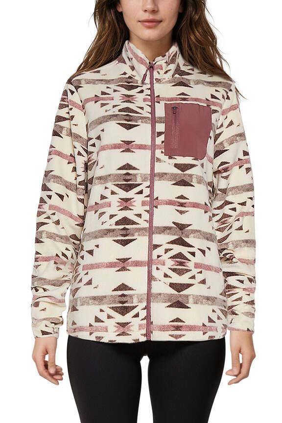 Treeline Fleece Jacket, close-up view of fabric and stitching, showing visible design features and texture of the smooth woven fabric..