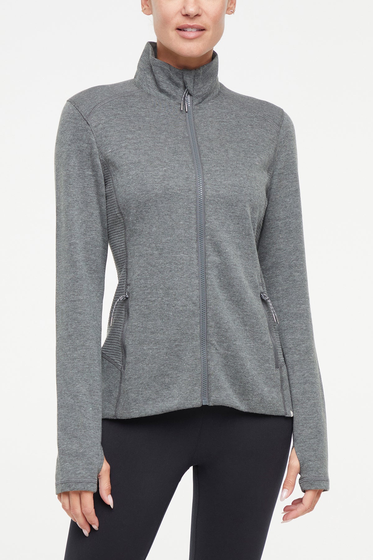 Journey Full Zip Jacket, close-up view of fabric and stitching, showing visible design features and texture of the smooth woven fabric..