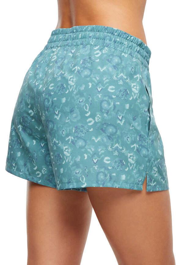 Cassidy Side Pocket Short - Sagebrush Green Abstract Paisley, side view showing pocket placement, showing visible design features and texture of the..