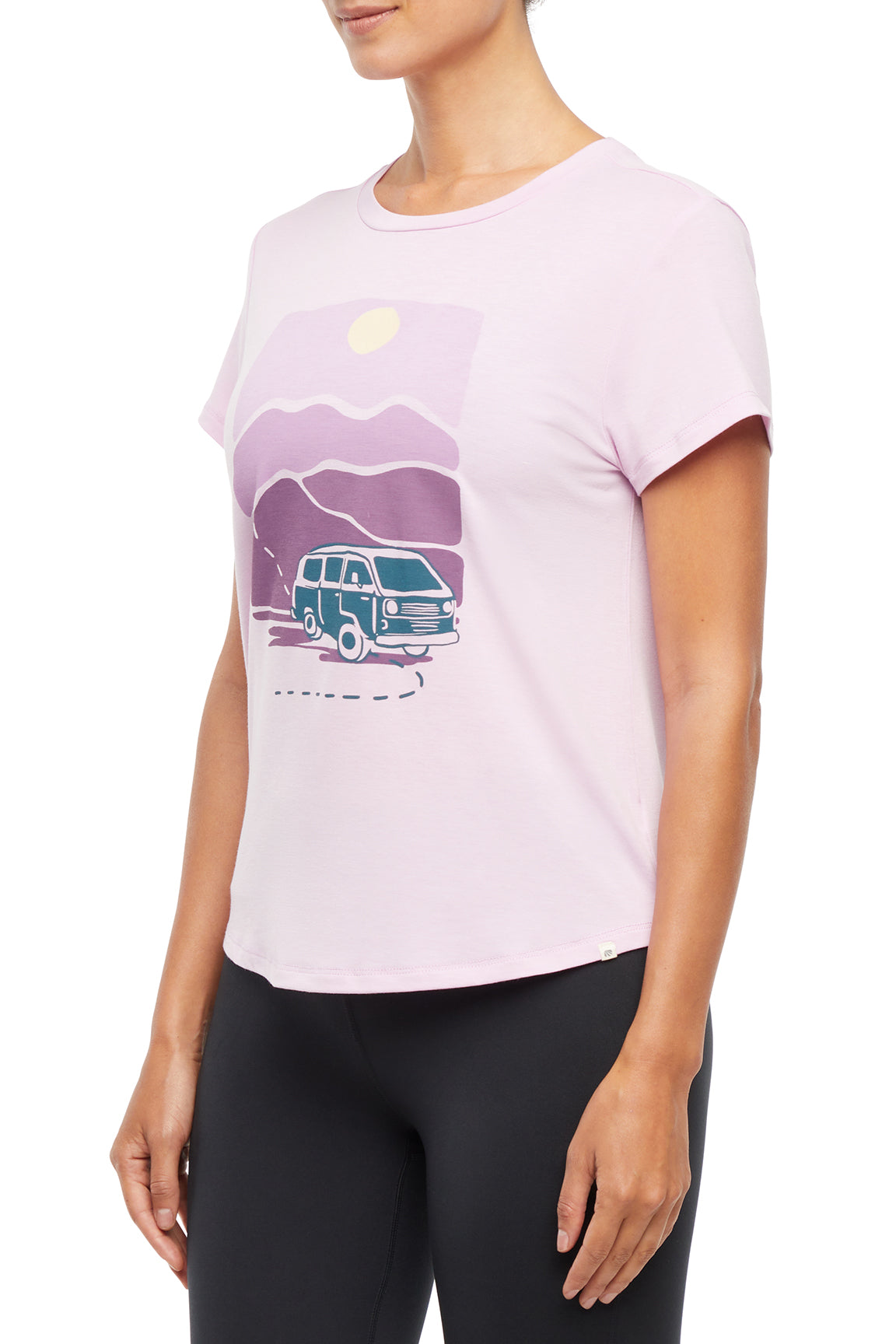 Monica Tee - Heather Orchid Bouquet, alternate angle view, showing visible design features and texture of the soft knit fabric..