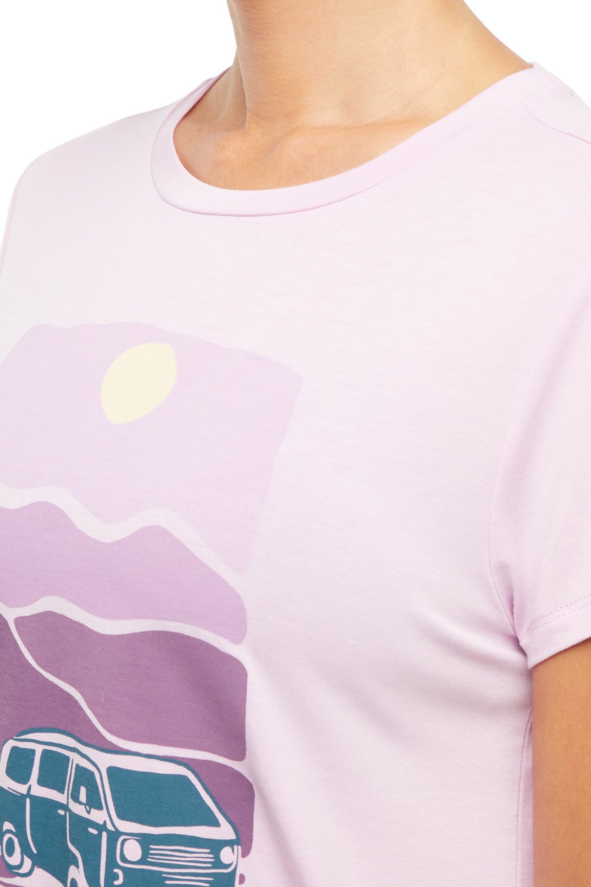 Monica Tee - Heather Orchid Bouquet, back view, showing visible design features and texture of the soft knit fabric..