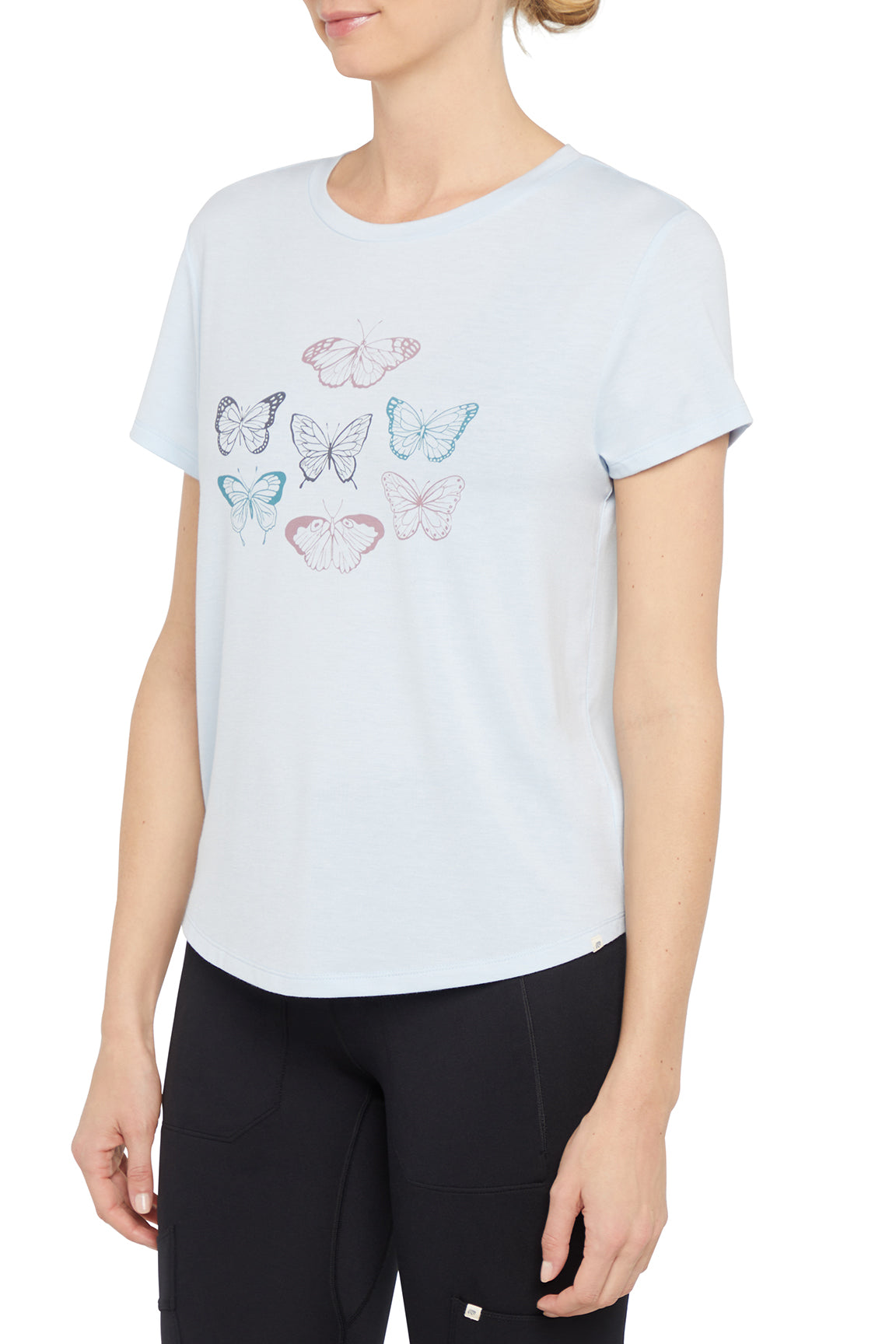 Monica Tee - Heather Skyway Mariposa, alternate angle view, showing visible design features and texture of the soft knit fabric..