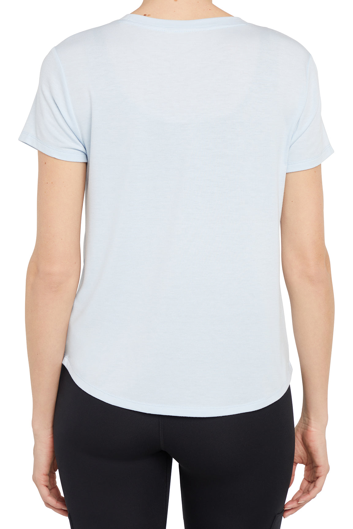 Monica Tee - Heather Skyway Mariposa, alternate angle view, showing visible design features and texture of the soft knit fabric..