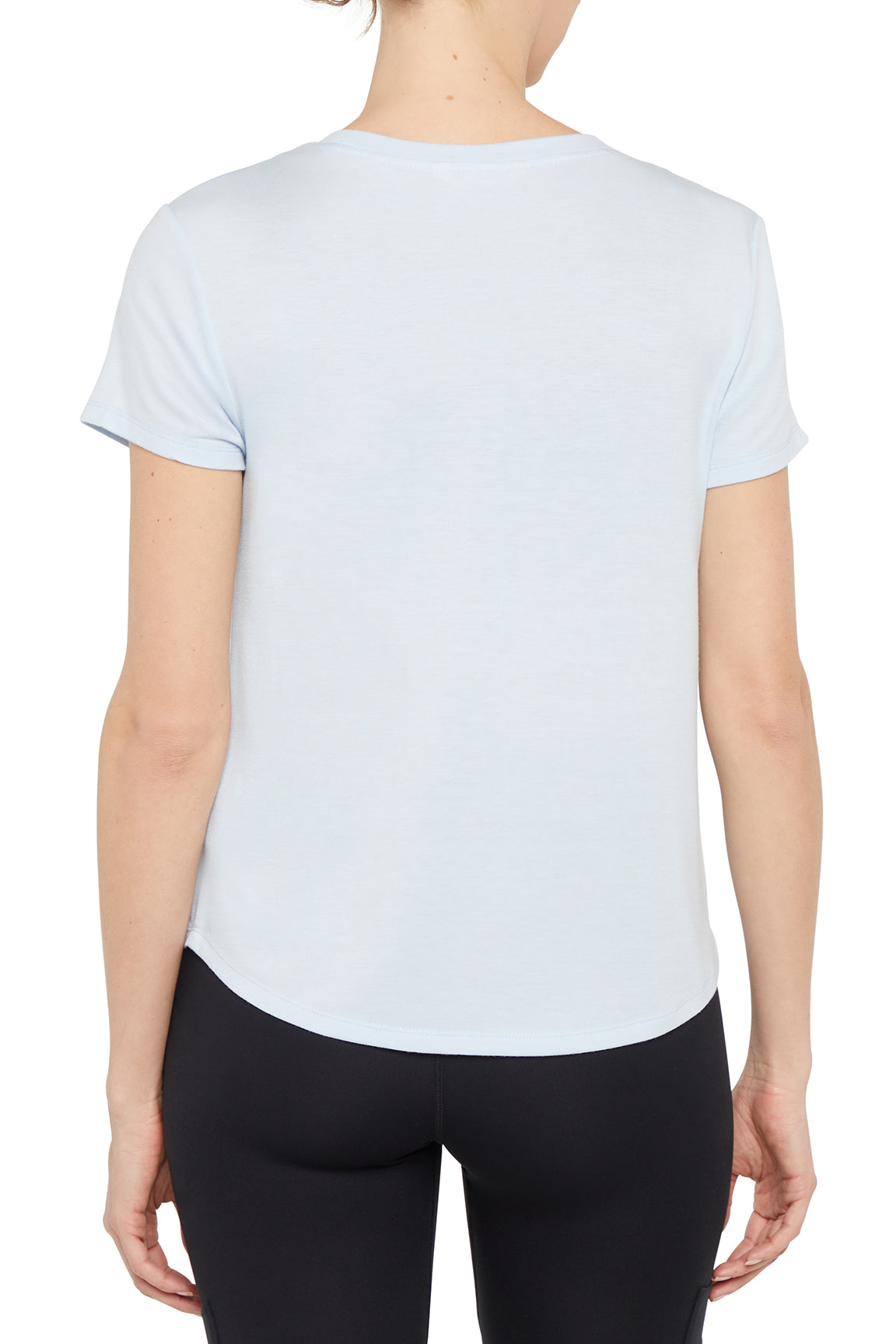 Monica Tee - Heather Skyway Mariposa, side view showing pocket placement, showing visible design features and texture of the soft knit fabric..
