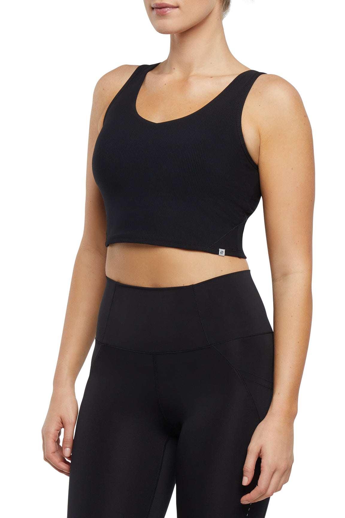 Cate Rib Long Sports Bra, alternate angle view, showing visible design features and texture of the soft knit fabric..