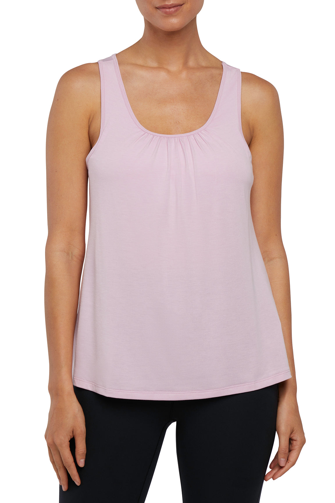 Anaya 2-Layer Tank, alternate angle view, showing visible design features and texture of the soft knit fabric..