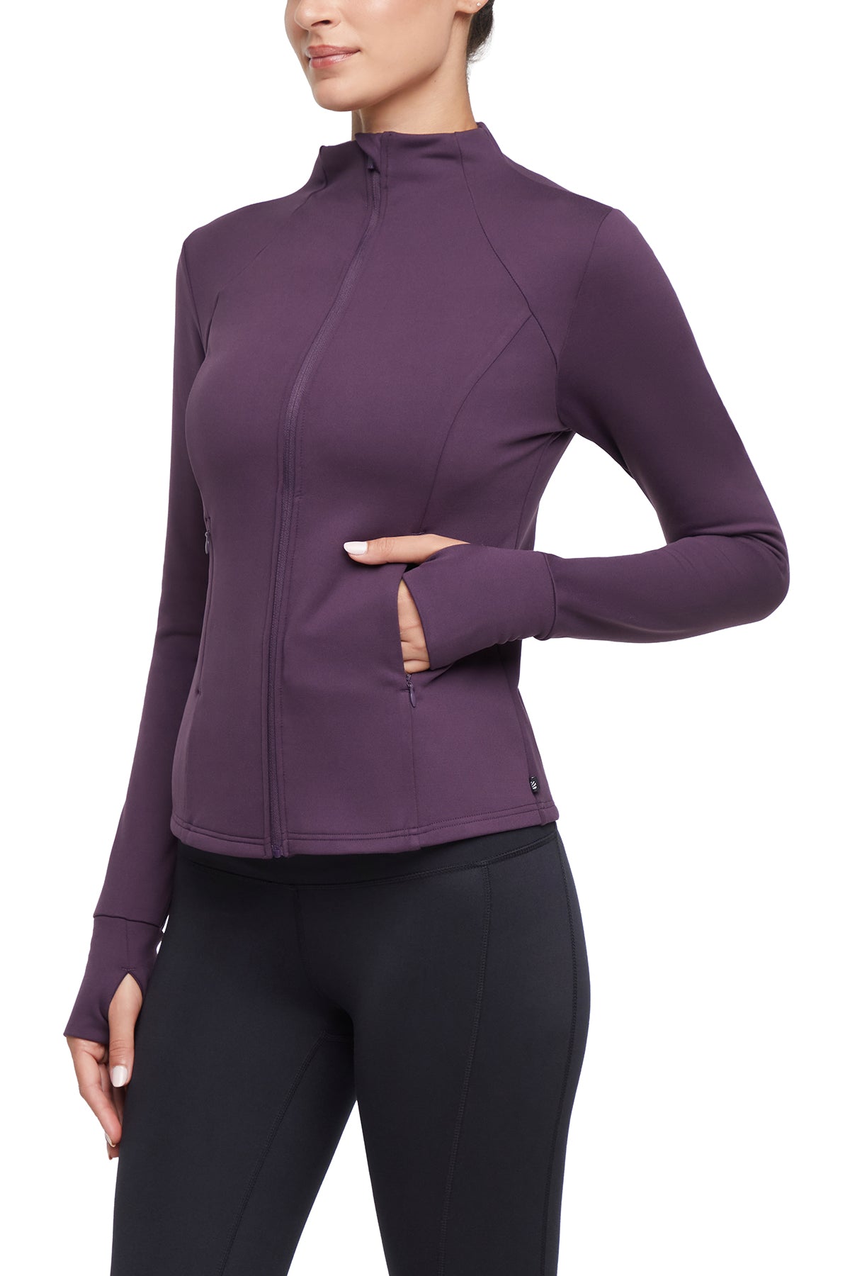 Audrie Jacket, front view, showing visible design features and texture of the smooth woven fabric..