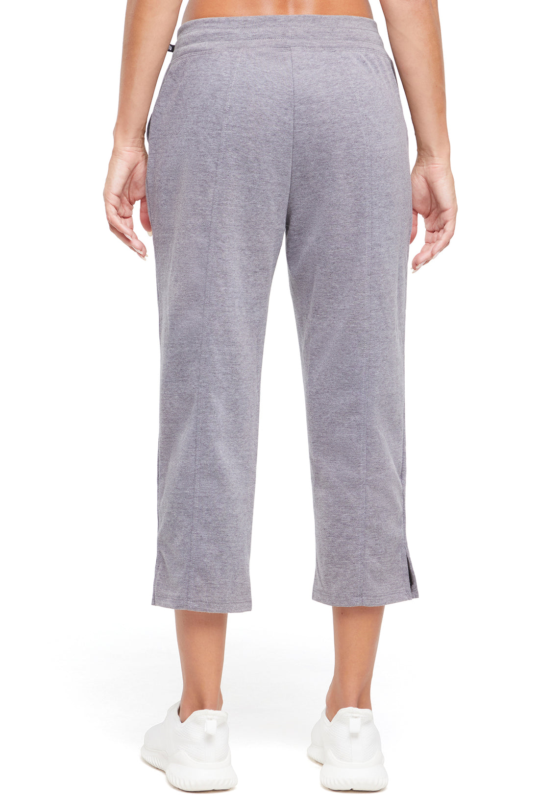 Lyla Mid Calf Capri, side view showing pocket placement, showing visible design features and texture of the soft knit fabric..