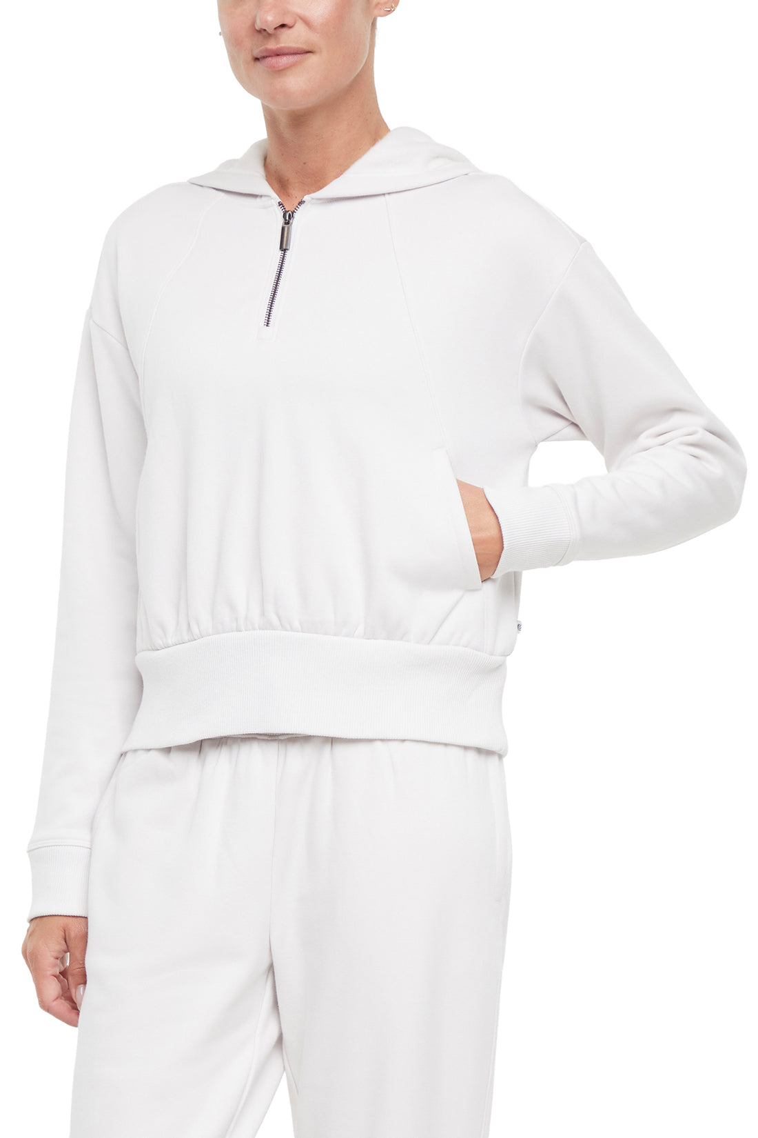 Roxie 1/4 Zip Hoodie, front view, showing visible design features and texture of the soft fleece fabric..