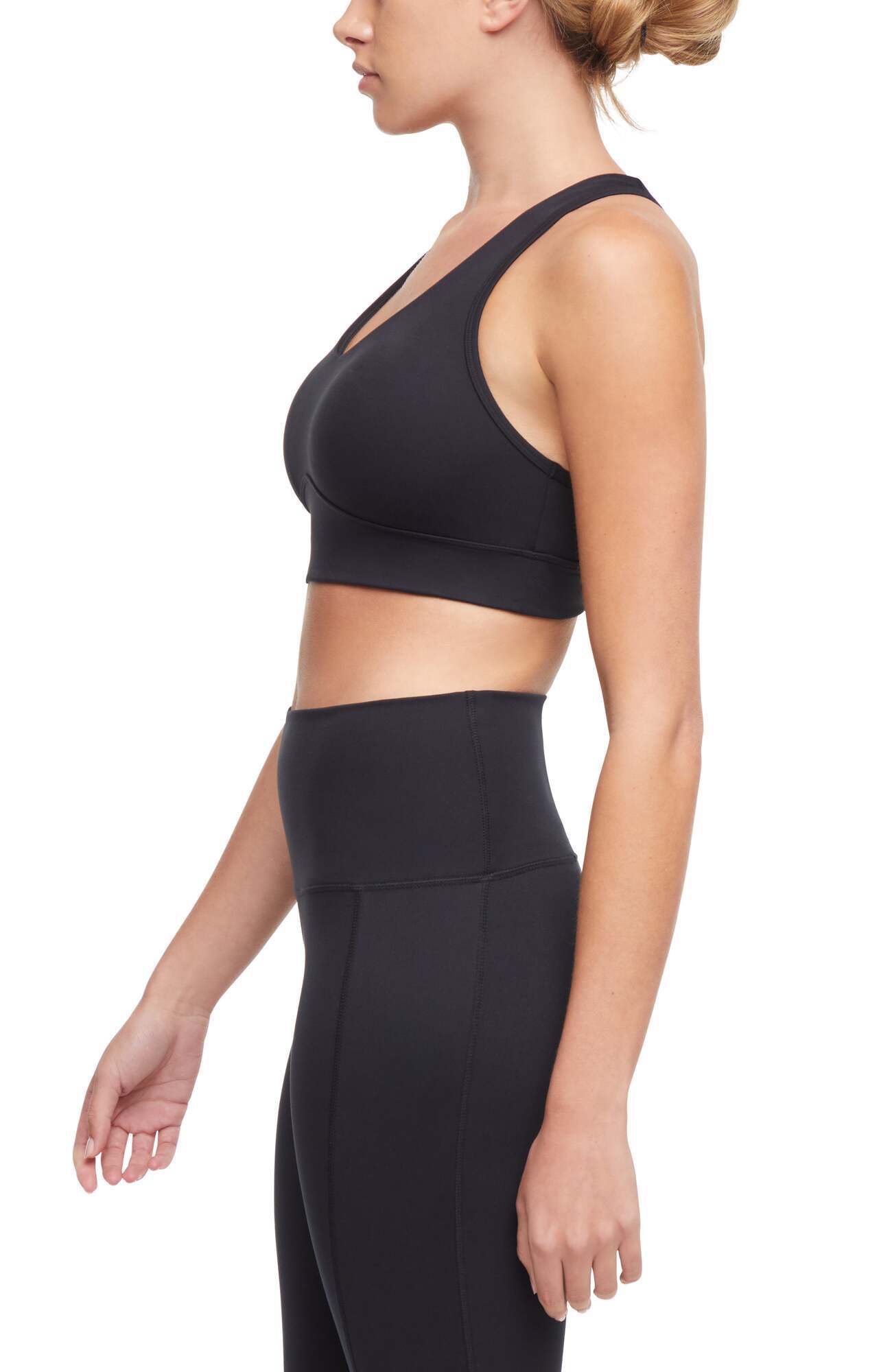 Rubina Sports Bra, alternate angle view, showing visible design features and texture of the soft knit fabric..