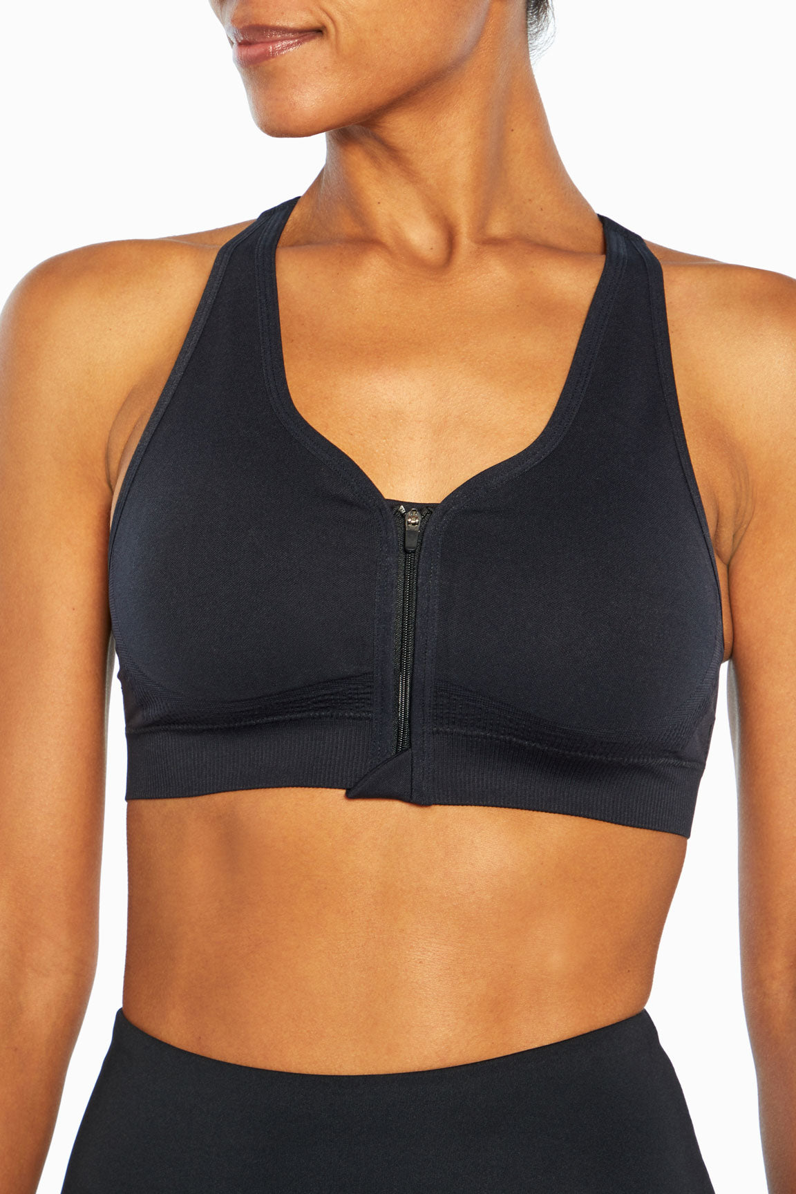 Savannah Seamless Front Zip Sports Bra, alternate angle view, showing visible design features and texture of the soft knit fabric..