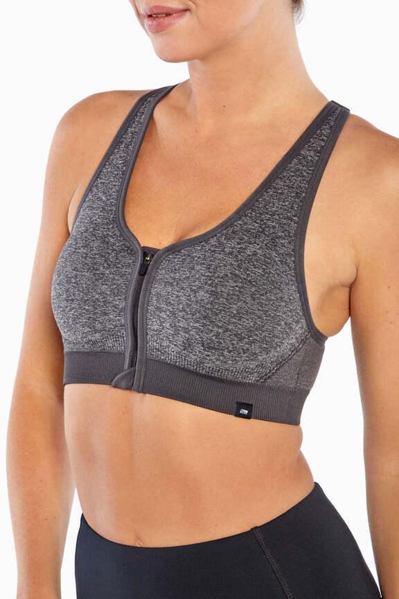 Savannah Seamless Front Zip Sports Bra, alternate angle view, showing visible design features and texture of the soft knit fabric..