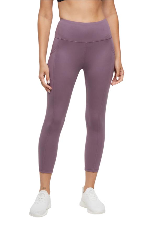 Drew Side Pocket Tummy Control Mid Calf Capri - Black Plum, alternate angle view, showing visible design features and texture of the soft knit fabric..