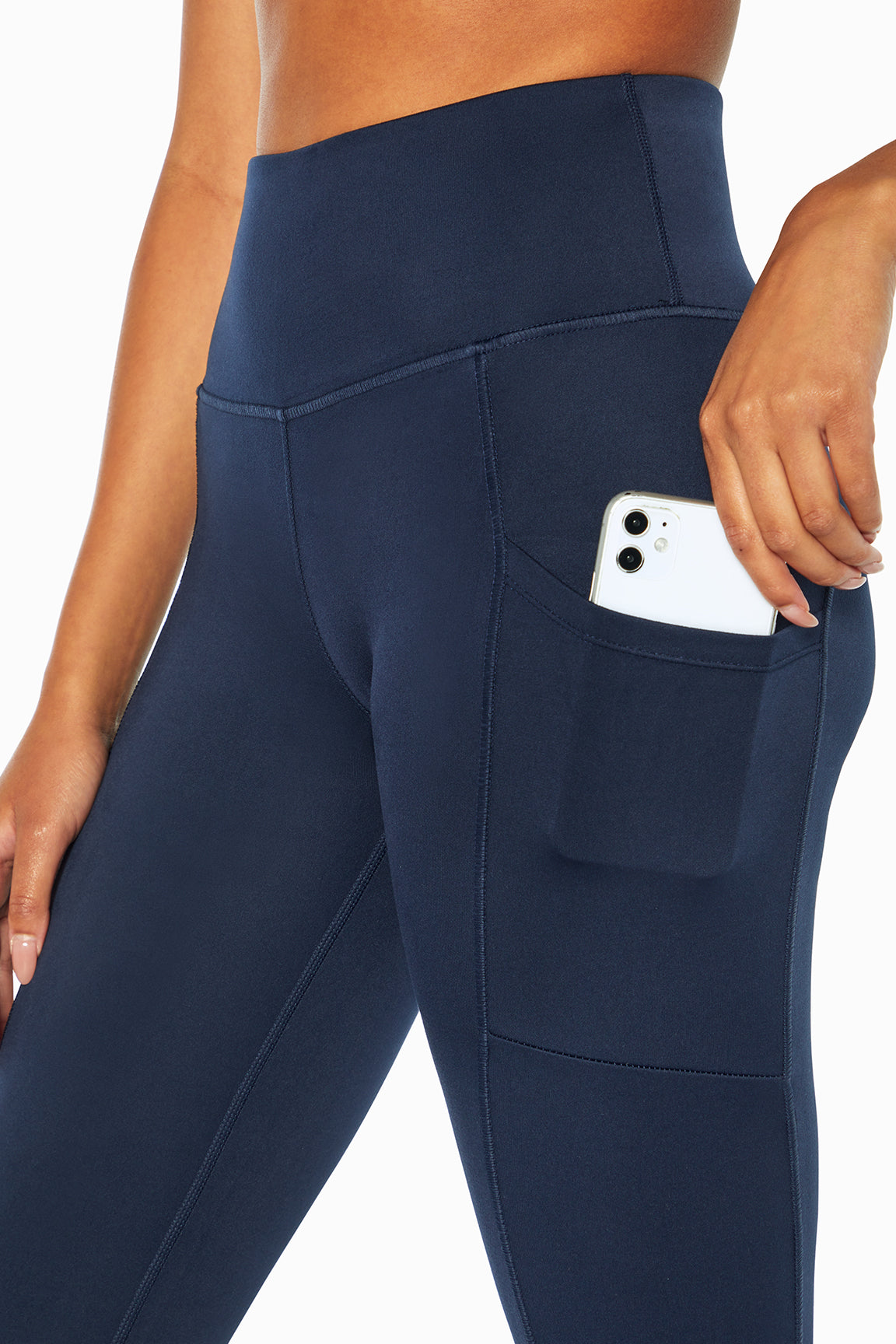 Talia Side Pocket Tummy Control Legging, alternate angle view, showing visible design features and texture of the stretch knit fabric..