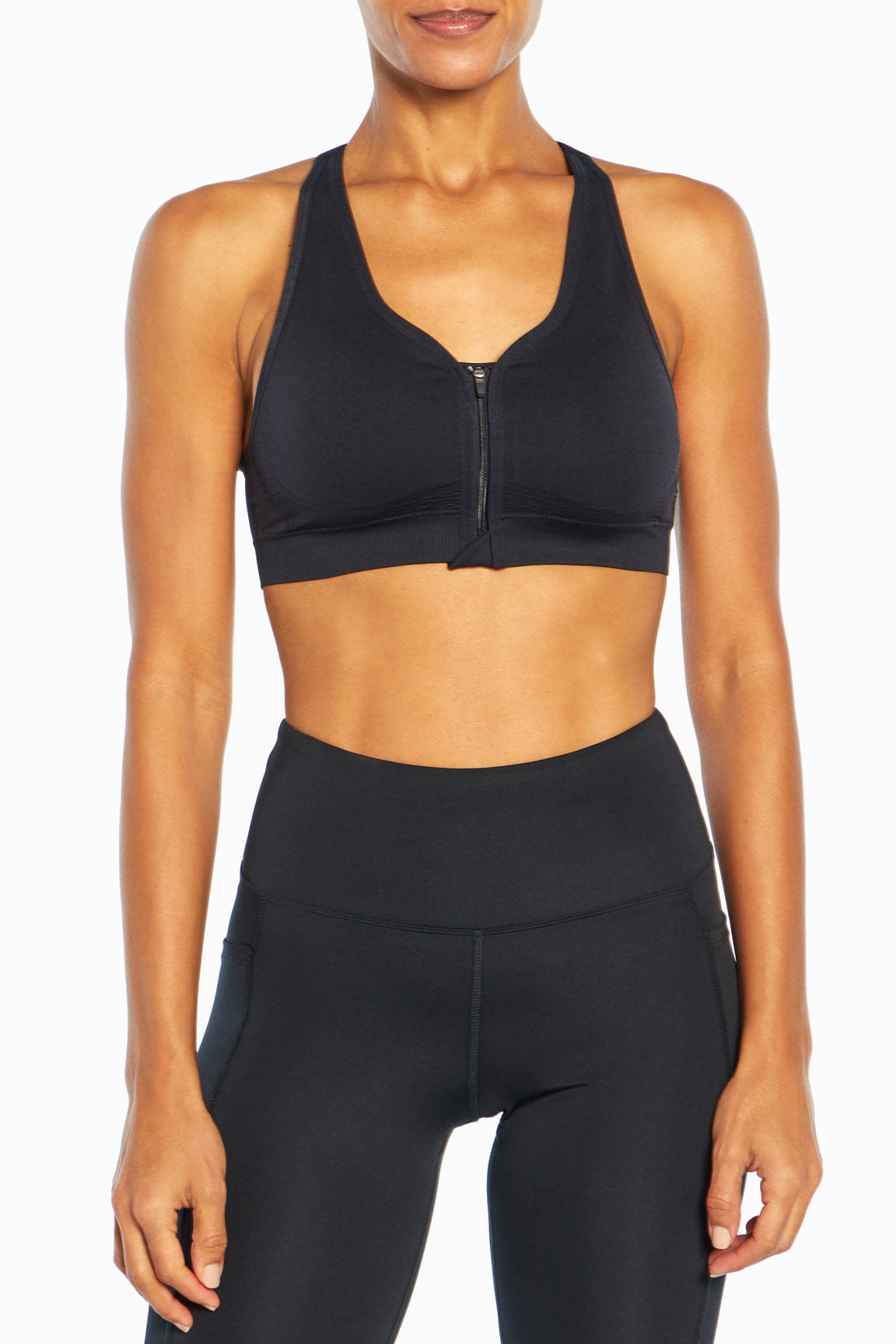 Savannah Seamless Front Zip Sports Bra, alternate angle view, showing visible design features and texture of the soft knit fabric..