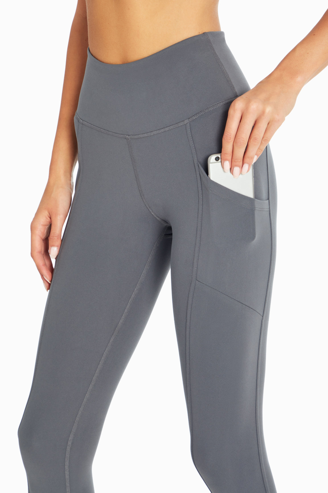 Drew Side Pocket Tummy Control Mid Calf Capri, alternate angle view, showing visible design features and texture of the soft knit fabric..