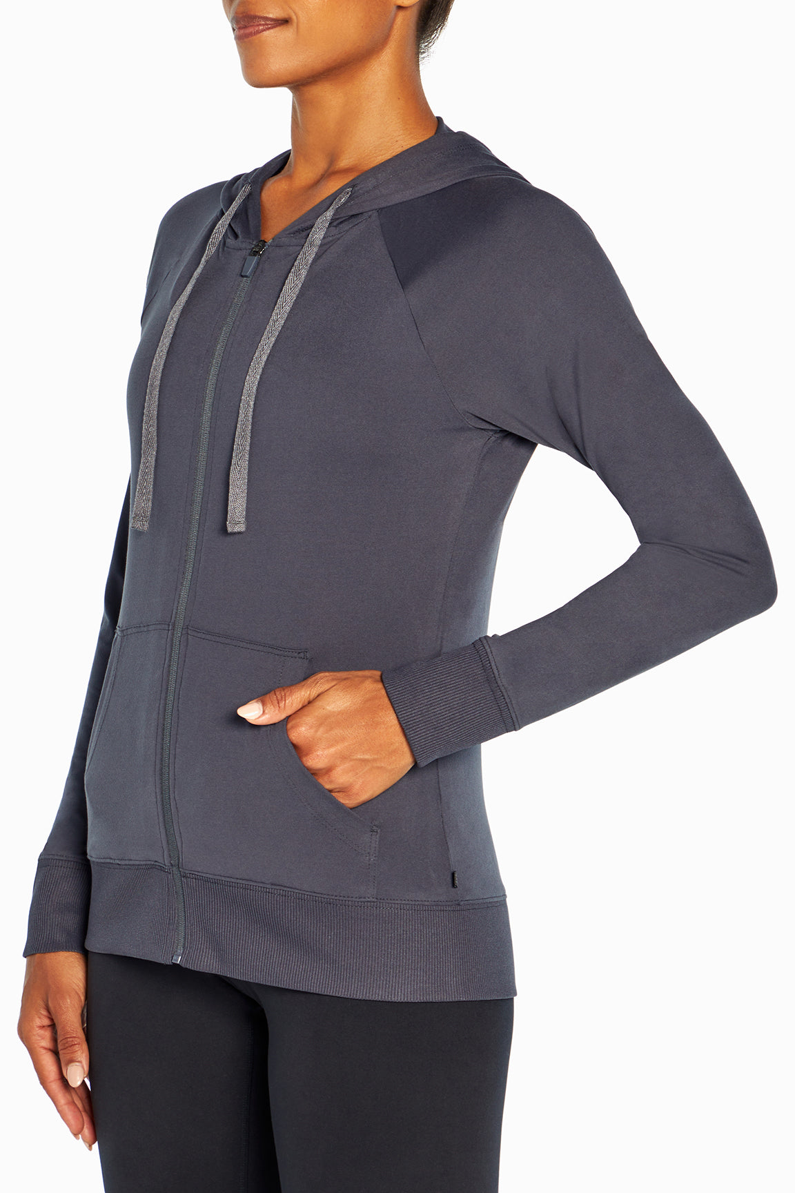 Mona Jacket, alternate angle view, showing visible design features and texture of the smooth woven fabric..