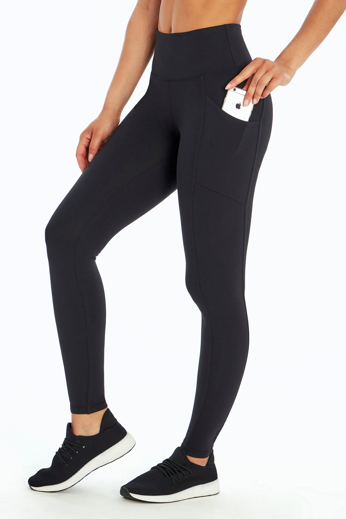 Cameron Side Pocket Tummy Control Legging, alternate angle view, showing visible design features and texture of the stretch knit fabric..