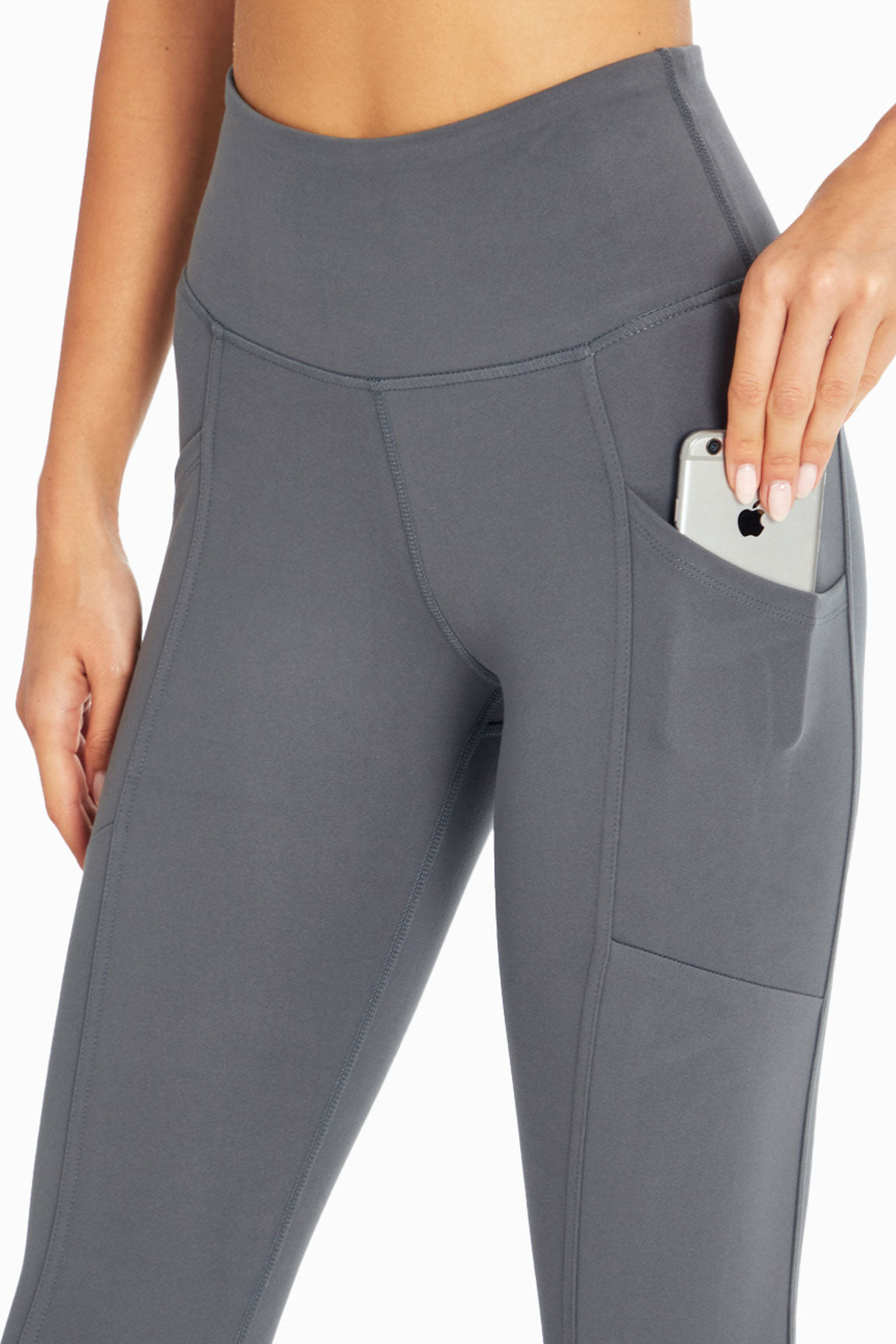 Cameron Side Pocket Tummy Control Legging, alternate angle view, showing visible design features and texture of the stretch knit fabric..