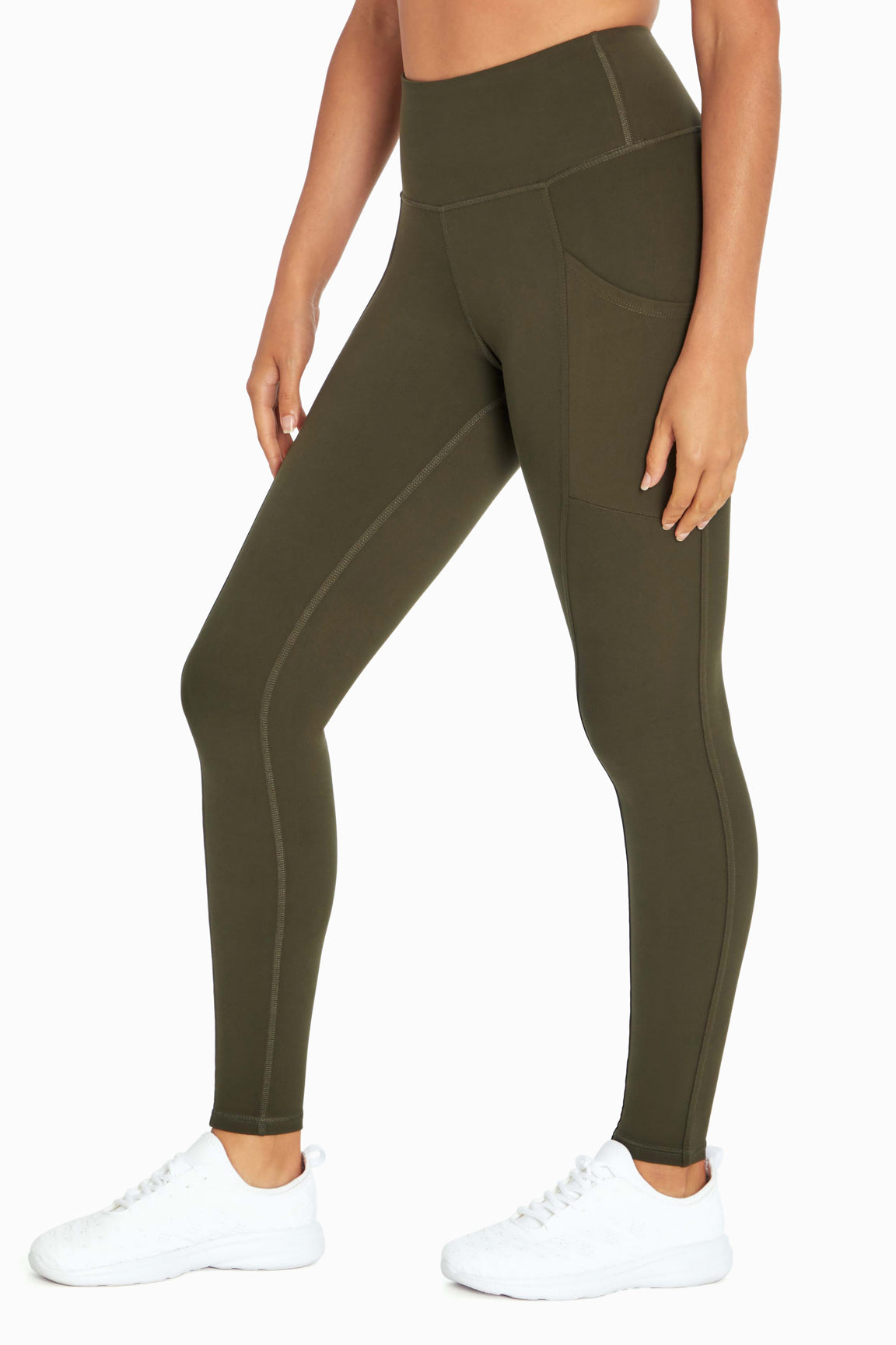 Cameron Side Pocket Tummy Control Legging, alternate angle view, showing visible design features and texture of the stretch knit fabric..