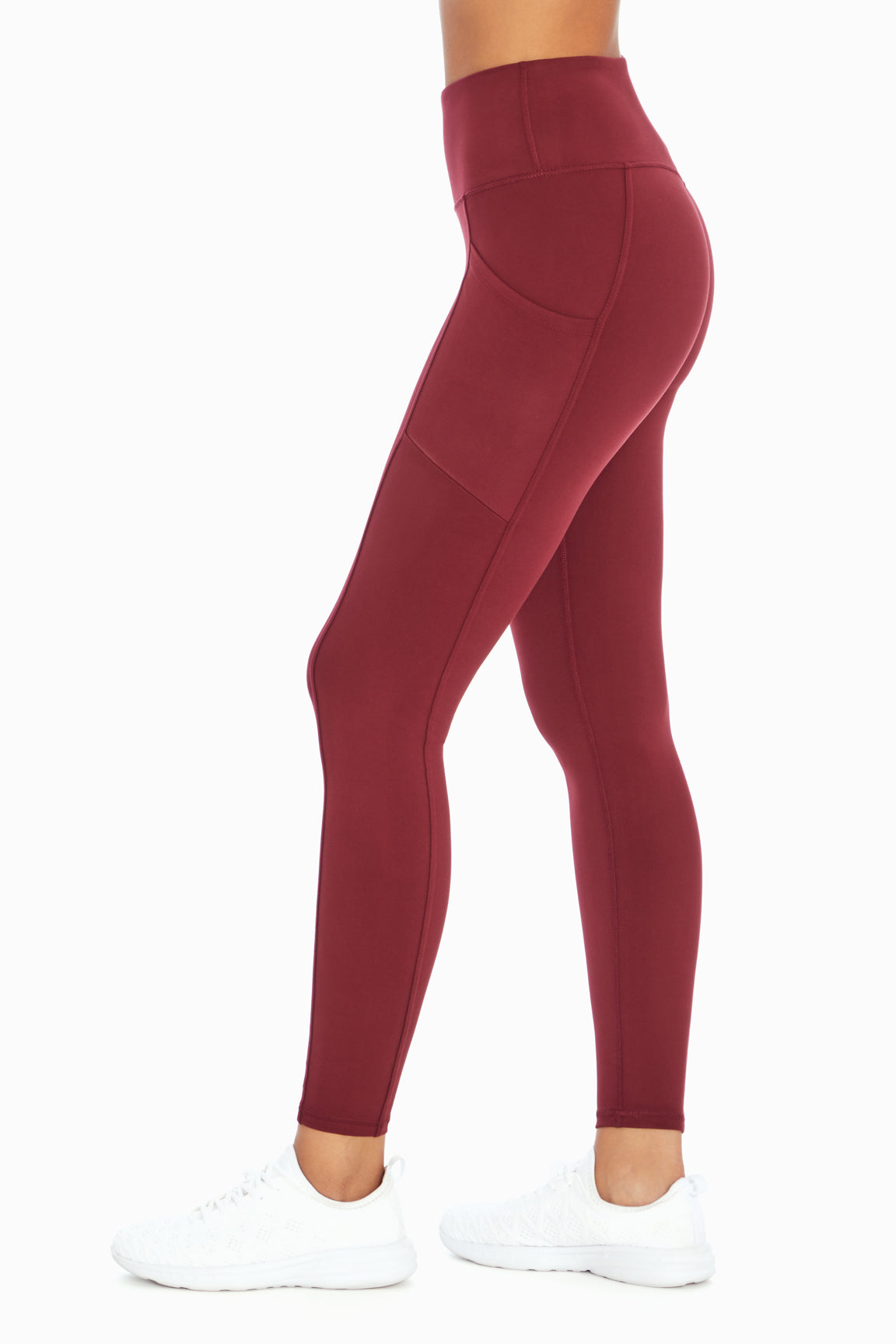 Cameron Side Pocket Tummy Control Legging, alternate angle view, showing visible design features and texture of the stretch knit fabric..