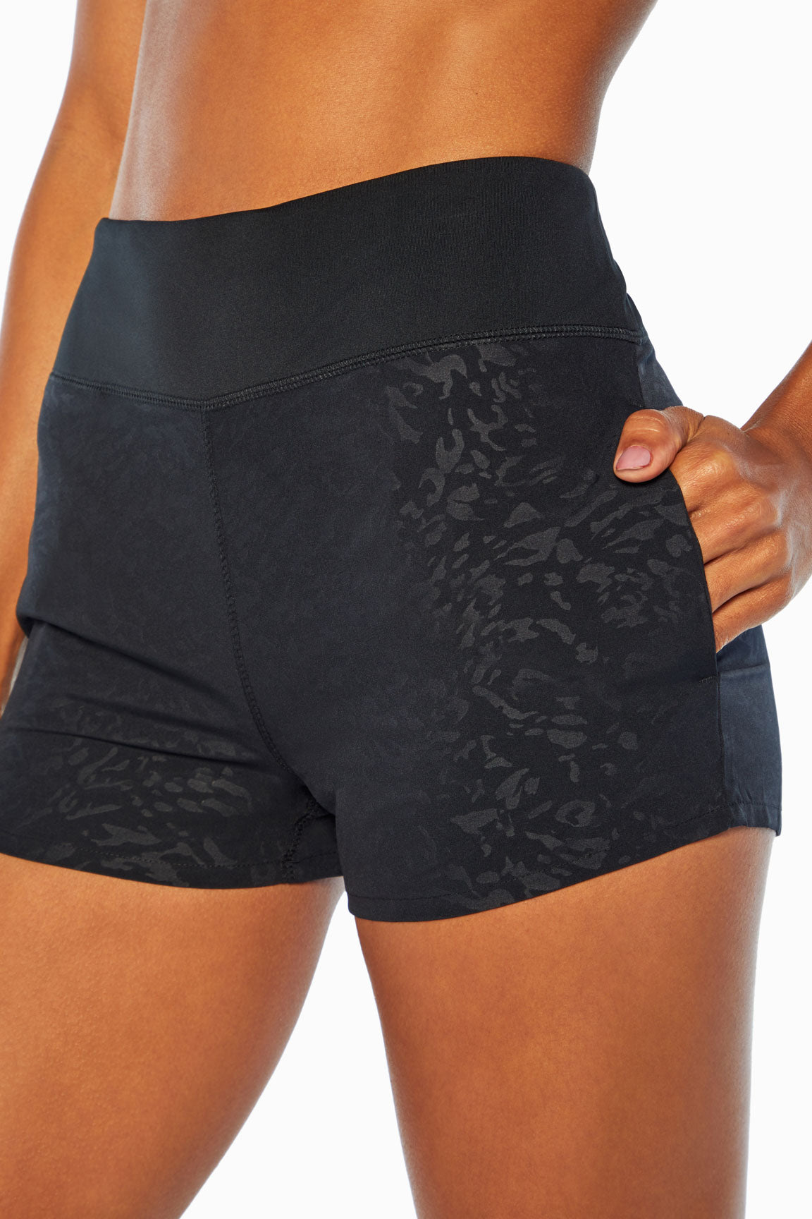 All Trek Side Pocket Shorts, back view, showing visible design features and texture of the soft knit fabric..
