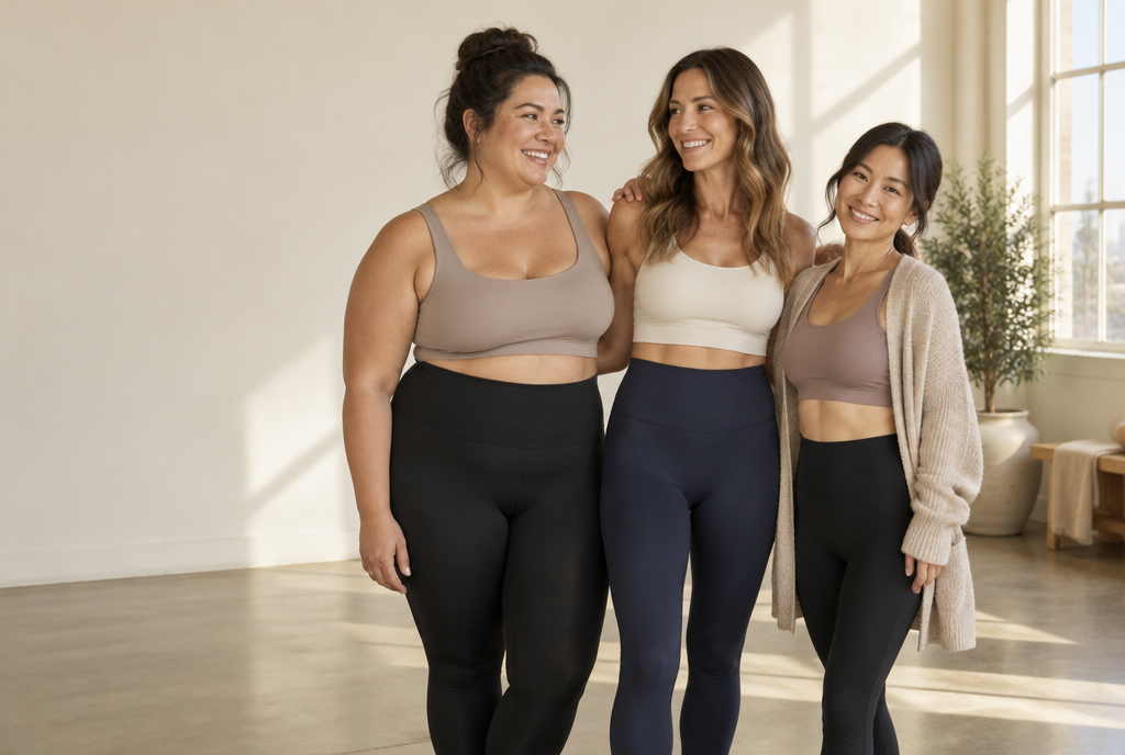 Three women of different sizes smiling together in a sunlit studio, wearing high-rise black and navy leggings with wide waistbands