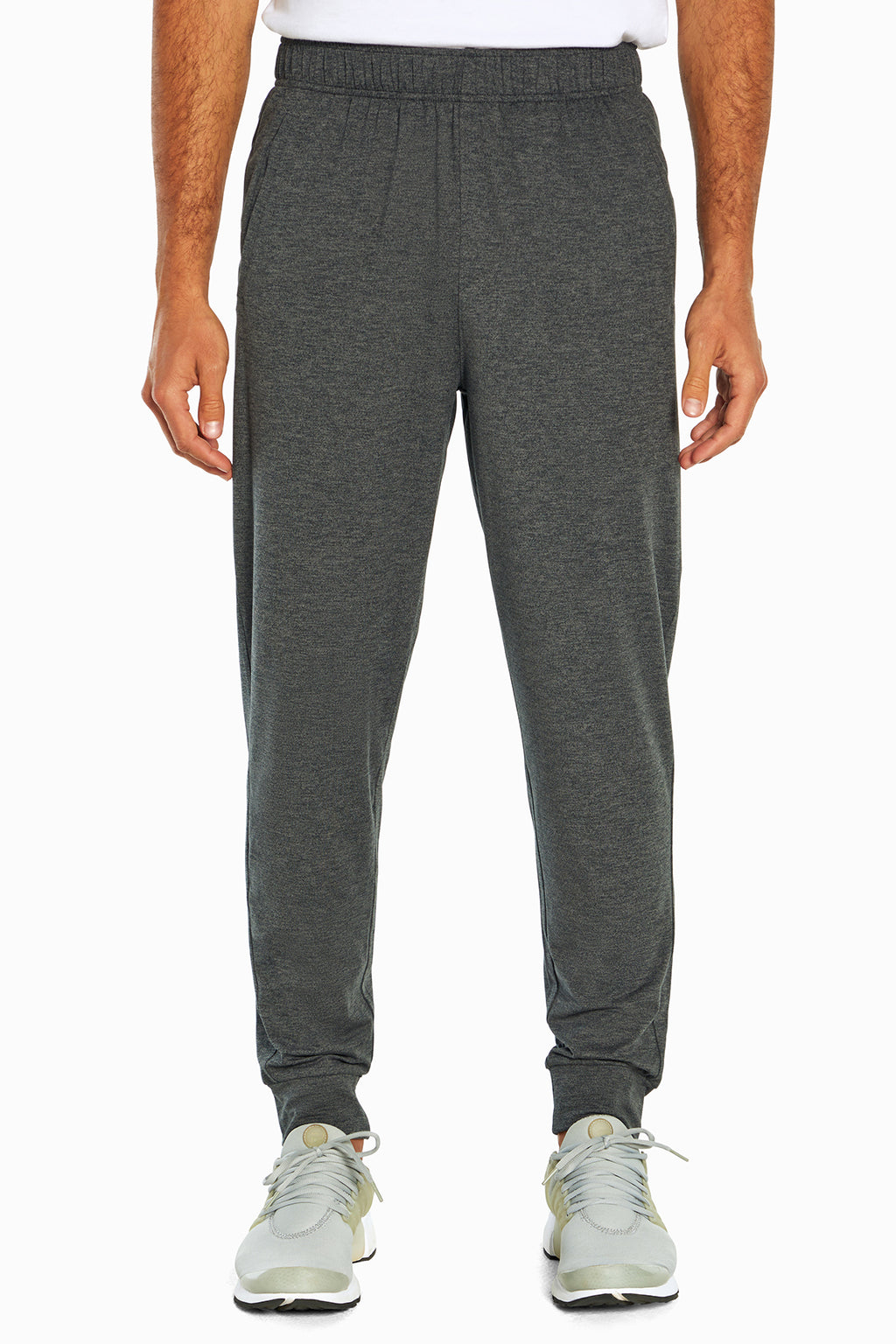 Balance Collection For Men Oscar Jogger, close-up view of fabric and stitching, showing visible design features and texture of the soft knit fabric.. #color_heather-black