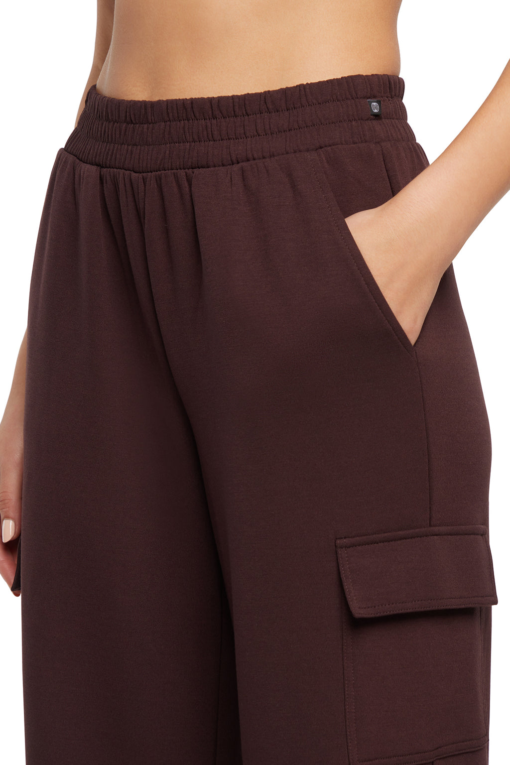 Balance Collection Emory Wide Pant, close-up view of fabric and stitching, showing visible design features and texture of the durable stretch fabric.. #color_chocolate-plum