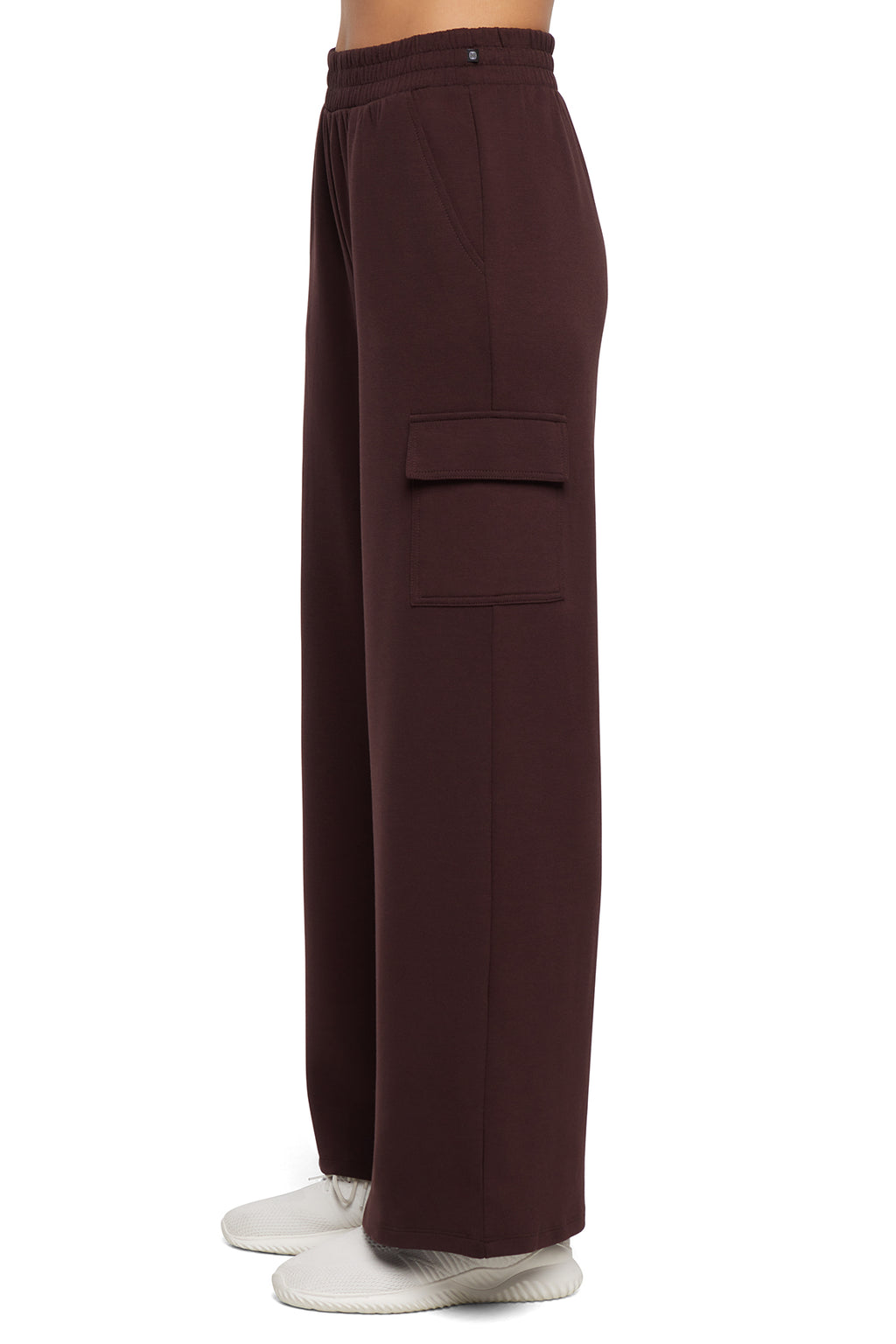 Balance Collection Emory Wide Pant, alternate angle view, showing visible design features and texture of the durable stretch fabric.. #color_chocolate-plum