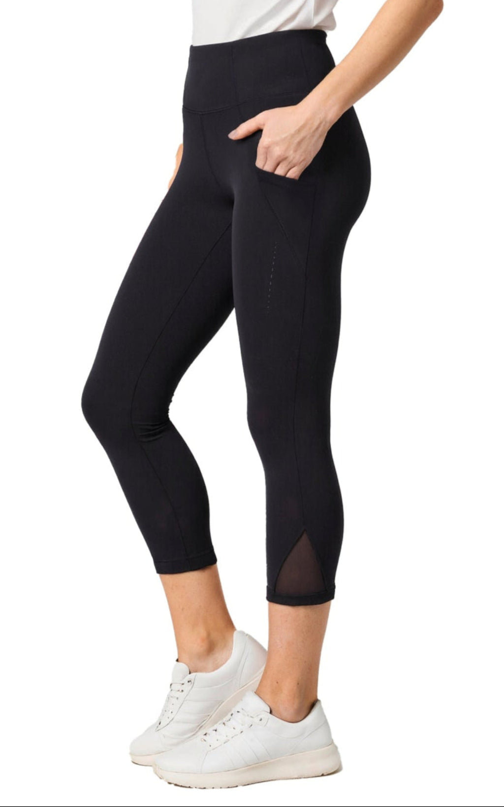 Balance Collection Jenny Side Pocket Mid Calf Capri, front view, showing visible design features and texture of the soft knit fabric.. #color_black