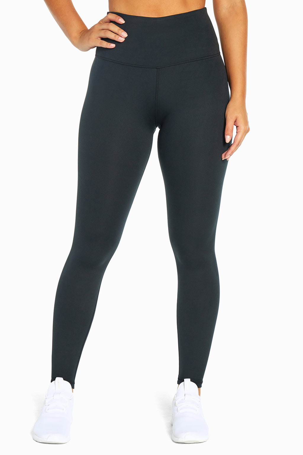 Balance Collection Basic High-Rise Tummy Control Legging, alternate angle view, showing visible design features and texture of the stretch knit.. #color_black