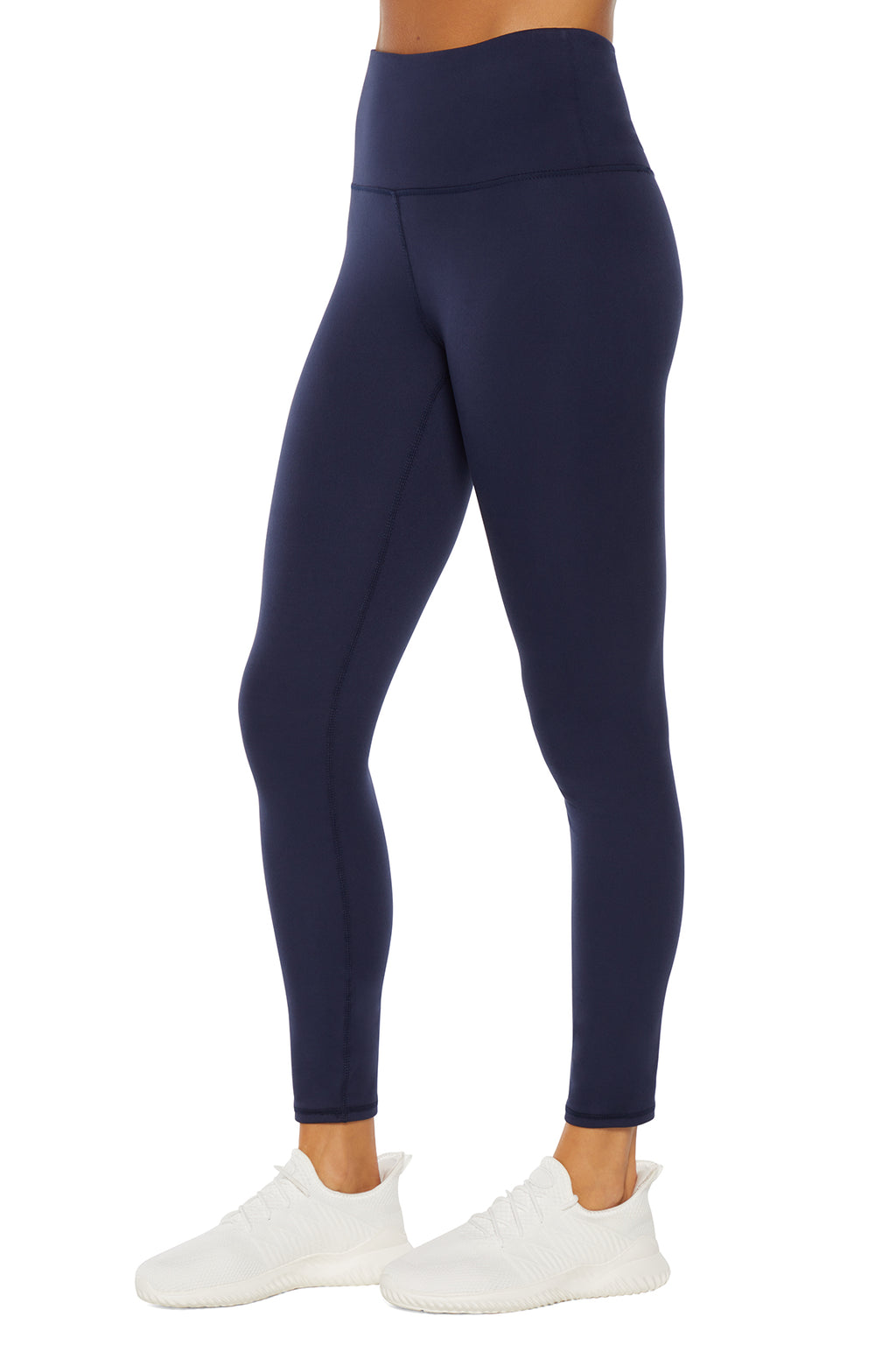 Balance Collection Basic High-Rise Tummy Control Legging, front view, showing visible design features and texture of the stretch knit fabric.. #color_peacoat