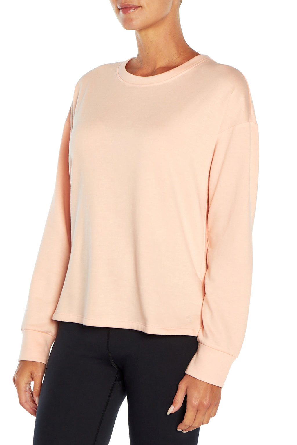 Linda Long Sleeve Pullover, alternate angle view, showing visible design features and texture of the soft knit fabric.. #color_tropical-peach