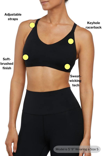 Allie Sports Bra, alternate angle view, showing visible design features and texture of the soft knit fabric.. 