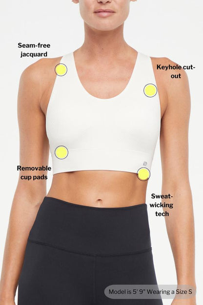 Addie Seamless Sports Bra, back view, showing visible design features and texture of the soft knit fabric.. 