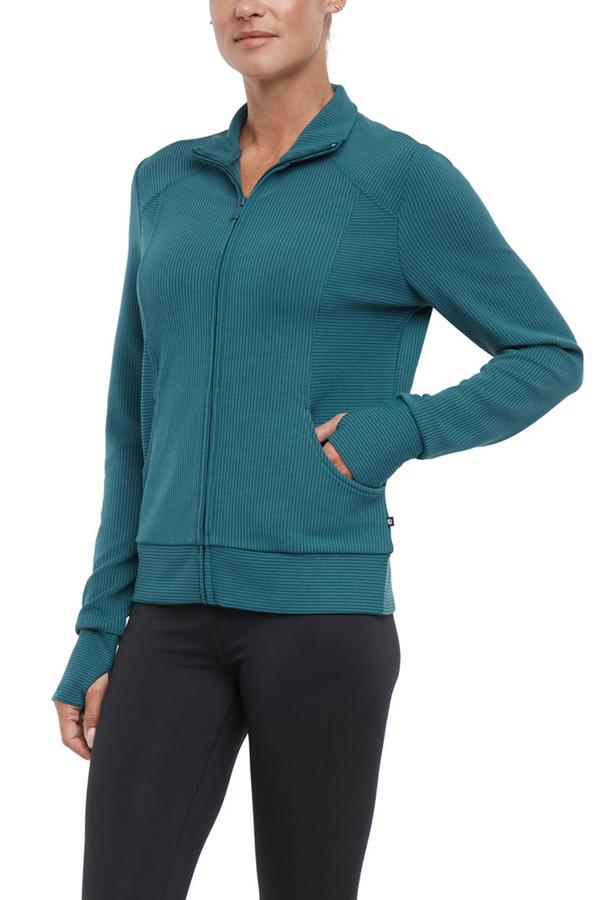 Paige Full Zip Jacket, front view, showing visible design features and texture of the smooth woven fabric.. 