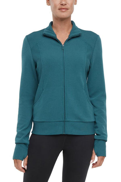 Paige Full Zip Jacket, alternate angle view, showing visible design features and texture of the smooth woven fabric.. 
