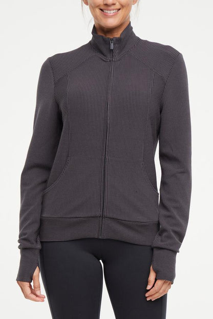 Paige Full Zip Jacket, alternate angle view, showing visible design features and texture of the smooth woven fabric.. 