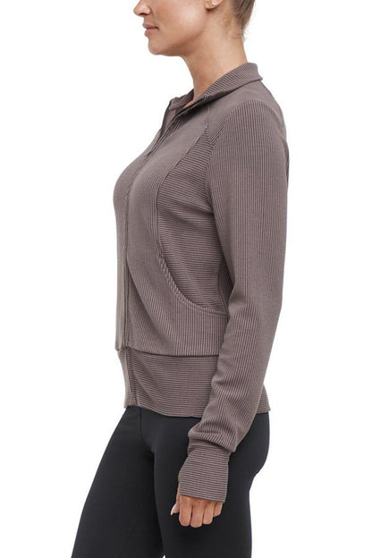 Paige Full Zip Jacket, alternate angle view, showing visible design features and texture of the smooth woven fabric.. 