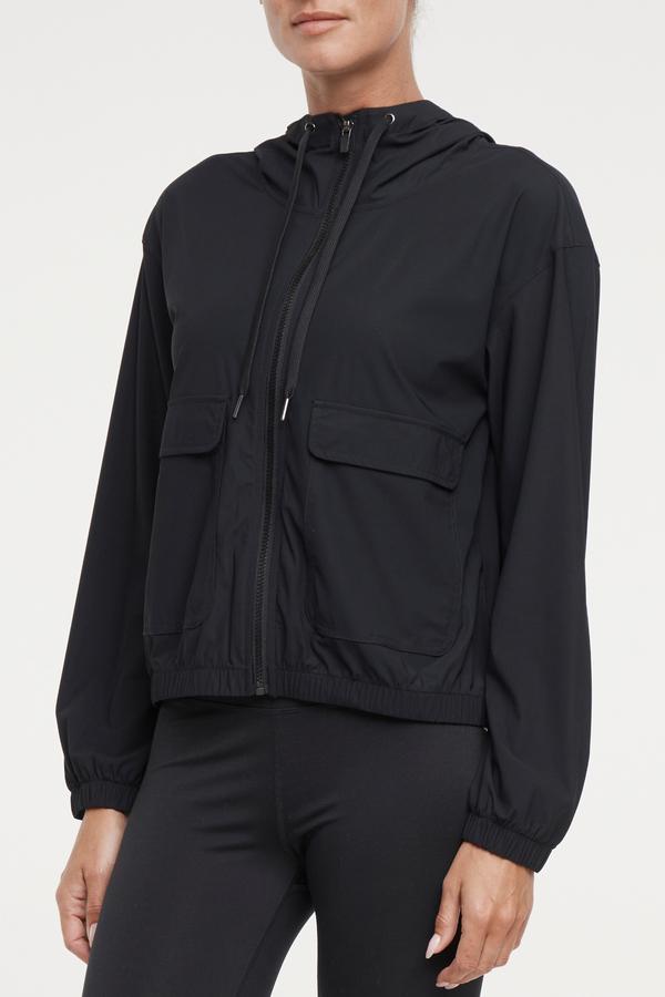 Nori Jacket, alternate angle view, showing visible design features and texture of the smooth woven fabric.. 