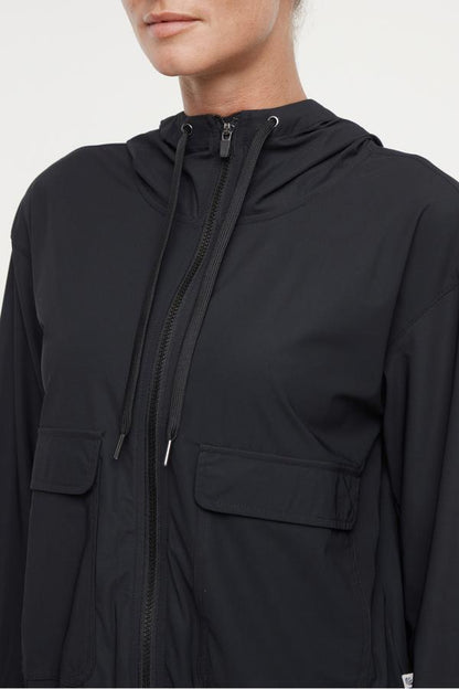 Nori Jacket, alternate angle view, showing visible design features and texture of the smooth woven fabric.. 