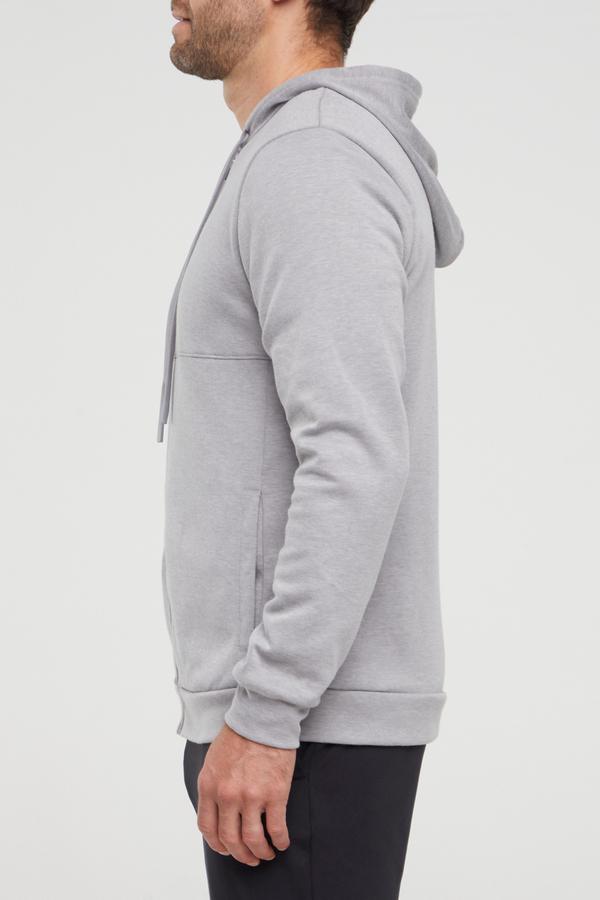 Balance Collection For Men Track Hoodie, alternate angle view, showing visible design features and texture of the soft fleece fabric.. #color_heather-grey